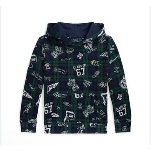 Polo Ralph Lauren Boys Navy Plaid Fleece Graphic Hoodie Size 5 NWT 125$‎
